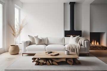 White sofa with blanket and wooden coffee table against fireplace with firewood stack. Minimalist scandinavian home interior design of modern living room