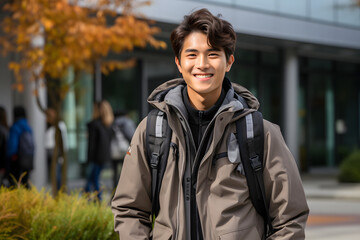 Chinese male student using a laptop. 