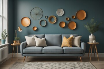 Grey sofa against dark teal wall with decorative circles as wall decor. Mid-century, scandinavian home interior design of modern living room