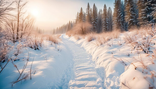 Snow path in winter nature with copy space