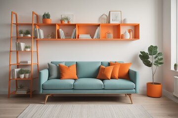 Mint sofa with orange pillows against bookcase. Home library. Scandinavian interior design of modern living room  - obrazy, fototapety, plakaty