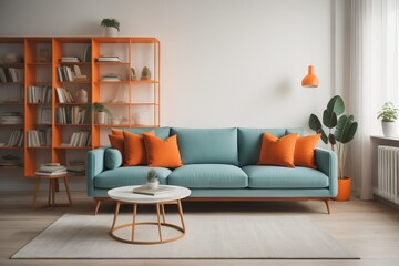 Mint sofa with orange pillows against bookcase. Home library. Scandinavian interior design of modern living room 