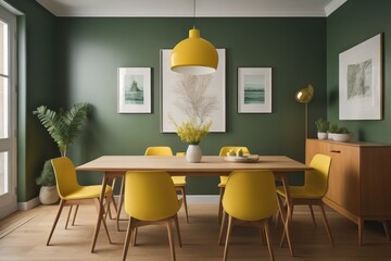 Interior design of modern dining room, wooden table and yellow chairs against green wall with sideboard