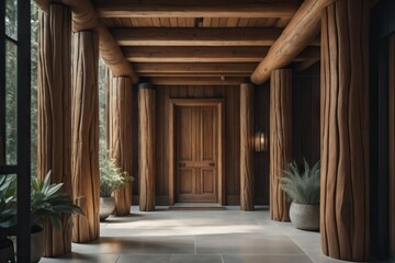 Tree trunk columns in rustic interior design of modern entrance hall with door