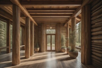 Obraz premium Tree trunk columns in rustic interior design of modern entrance hall with door