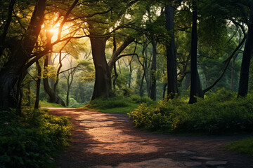 Pathway surrounded by trees and bushes in a forest under the sunlight, aesthetic look