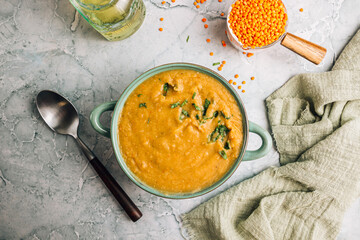Traditional Turkish or Arabic Red Lentil Soup - obrazy, fototapety, plakaty