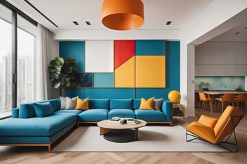 Suprematism style interior design of modern living room with abstract geometric colorful shapes