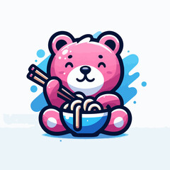 Vector Cute pink bear eating ramen with chopstick cartoon style vector.
