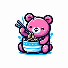 Vector Cute pink bear eating ramen with chopstick cartoon style vector.