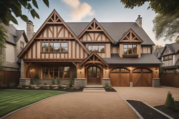 Tudor style family house exterior with gable roof and timber framing. Wooden garage doors in home cottage - obrazy, fototapety, plakaty