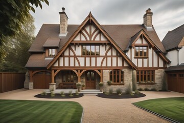 Tudor style family house exterior with gable roof and timber framing. Wooden garage doors in home cottage - obrazy, fototapety, plakaty