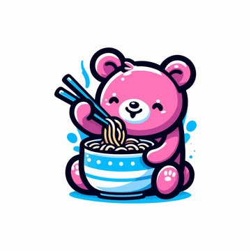 recommend clip art: Vector Cute pink bear eating ramen with chopstick cartoon style vector.