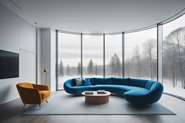 Minimalist home interior design of modern living room. Luxury blue curved sofa against window