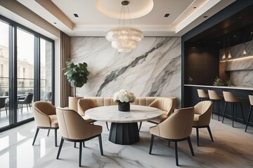 Interior design with marble round table and chairs. Modern dining room with beige wall. Cafe, bar or restaurant interior design. Home interior