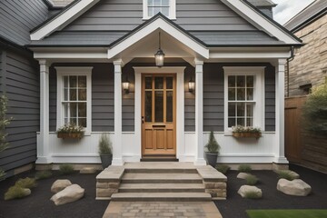 Main entrance door in house. Wooden front door with gabled porch and landing. Exterior of georgian style home cottage with columns and stone cladding - obrazy, fototapety, plakaty