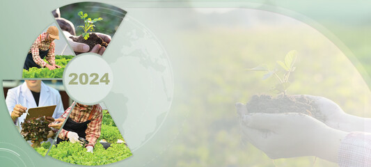 Sustainable development goals of Agro businesses in 2024 concept. Panoramic banner with copy space