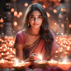 Obraz na płótnie Canvas Young and beautiful indian woman celebrating diwali festival.