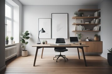Workplace with wooden desk and two black chairs against of grey wall with shelving rack. Interior...