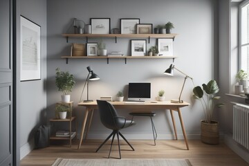 Workplace with wooden desk and two black chairs against of grey wall with shelving rack. Interior design of modern scandinavian home office
