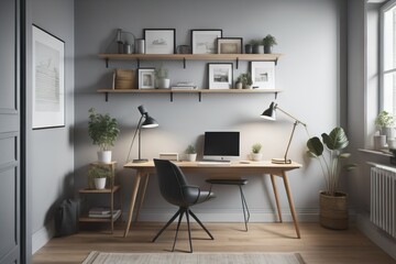 Fototapeta na wymiar Workplace with wooden desk and two black chairs against of grey wall with shelving rack. Interior design of modern scandinavian home office