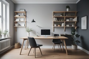 Workplace with wooden desk and two black chairs against of grey wall with shelving rack. Interior design of modern scandinavian home office