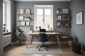 Fototapeta premium Workplace with wooden desk and two black chairs against of grey wall with shelving rack. Interior design of modern scandinavian home office