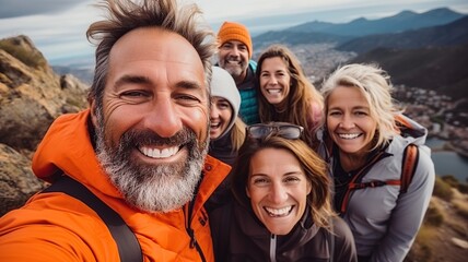 Selfie de grupo de amigos de mediana edad disfrutando y sonriendo. Deporte y aventura a los 50 años. - obrazy, fototapety, plakaty