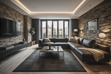 Interior design of modern apartment, living room with black sofa over the stone tiles wall. Home interior