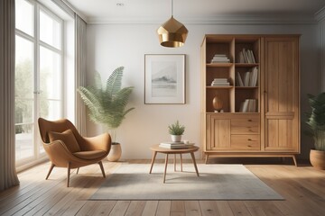 Fototapeta premium Interior with wooden cabinet and armchair