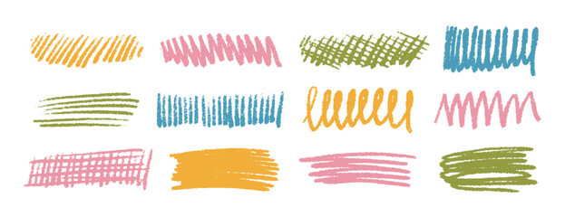 Set of colored brush strokes, various textural vector lines and hand drawn doodles