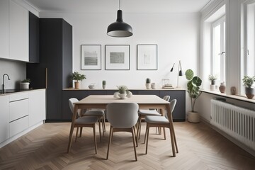 Studio apartment with dining table and chairs. Scandinavian interior design of modern living room