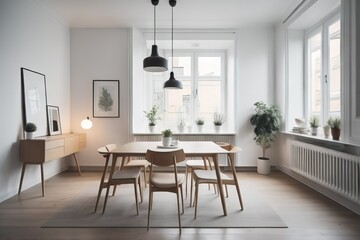 Studio apartment with dining table and chairs. Scandinavian interior design of modern living room