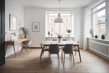 Studio apartment with dining table and chairs. Scandinavian interior design of modern living room