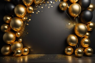 Black and golden balloons and confetti on dark background. Birthday, holiday or party background. Banner with empty space for text. Festive greeting card