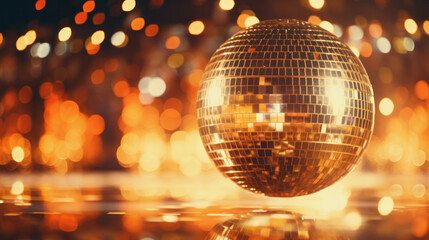 Fototapeta na wymiar Shiny bright gold disco balls under color lights