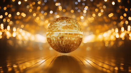 Shiny bright gold disco balls under color lights - obrazy, fototapety, plakaty