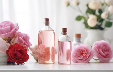 Bottles of essential rose oil and flowers on wooden table on white bathroom background