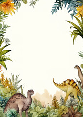 Frame for a background, embellished with watercolor fossils and prehistoric flora, dinosaurs, rectangle, in the style of a Jurassic period animation
