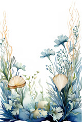 Frame for a background, embellished with watercolor seaweed, shells, and ocean elements, neutral, rectangle, perfect for a rustic, beach wedding invitation