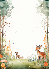 Frame for a background, featuring a watercolor woodland scene with critters and mushrooms, rectangle, ideal for a whimsical woodland wedding or child's birthday party invitation