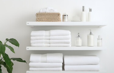 Many white towels on white wooden shelves on light bathroom background