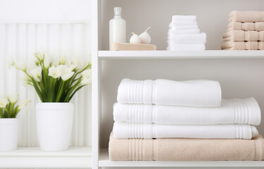 Fototapeta na wymiar Many white towels on white wooden shelves on light bathroom background