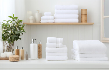 Fototapeta na wymiar Many white towels on white wooden shelves on light bathroom background