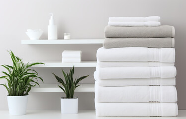 Many white towels on white wooden shelves on light bathroom background
