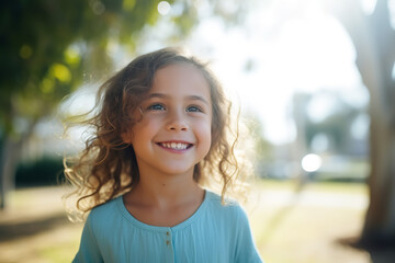 Medium shot portrait photography of a pleased child girl against a light blue background