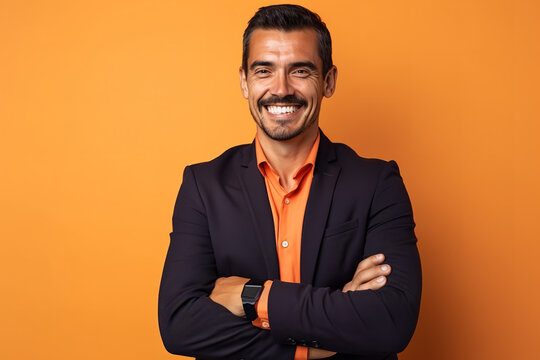 Medium shot portrait photography of a pleased man in his 30s against a light orange background