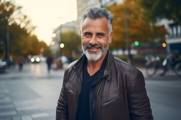 Medium shot portrait photography of a pleased man in his 50s that is wearing random clothes