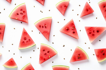 Pieces of fresh watermelon with seeds on white background, aesthetic look