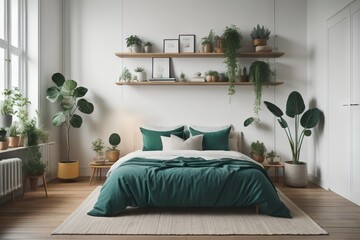 Many green potted houseplants in scandinavian interior design of modern bedroom with wooden shelf 